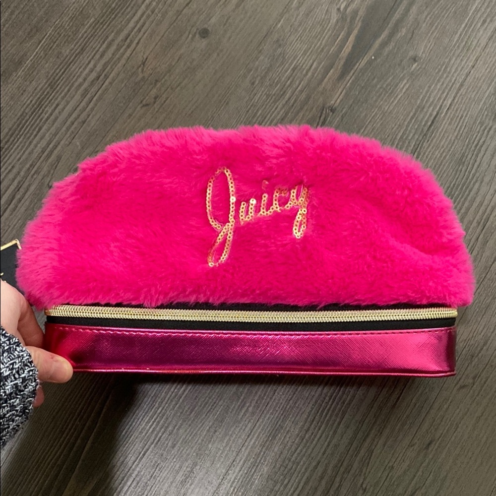 Juicy Couture pink, gold, and black fluffy mini jewelry bag
